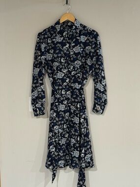 Ralph Lauren Navy Floral Tie-Waist Long-Sleeve Dress